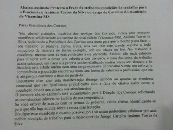 Em Vicentina, abaixo-assinado à presidência dos Correios pede ajuda para carteiro exemplar