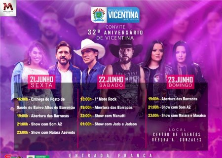 Vicentina 32 anos: sexta-feira têm shows com Som A2 e Naiara Azevedo; Veja a programação