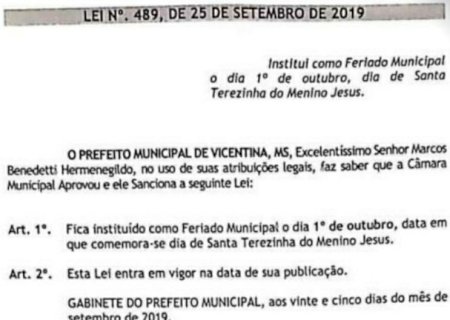 1° de outubro será feriado em Vicentina: Comemora o dia de Santa Teresinha do Menino Jesus