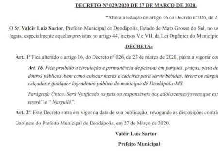 Novo decreto proíbe roda de tereré e narguilé em Deodápolis