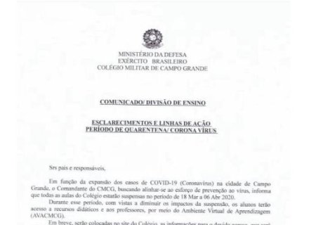 Colégio Militar de Campo Grande suspende aulas a partir de quarta-feira