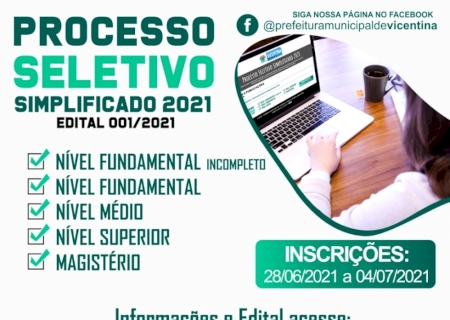Prefeitura de Vicentina abre processo seletivo