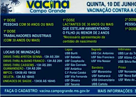 Pessoas com 50 anos podem se vacinar contra a covid-19 em Campo Grande nesta quinta