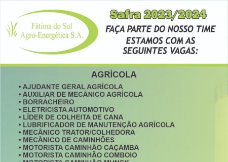Usina Fátima do Sul Agro-Energética abre vagas de emprego nos setores agrícola e indústria