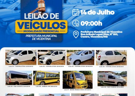 Leilão da Prefeitura de Vicentina tem carros, ônibus, pá carregadeira e micro-ônibus