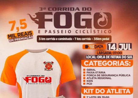 Inscrições abertas para 3ª Corrida do Fogo e passeio ciclístico em Fátima do Sul com premiação de R$ 7,5 mil