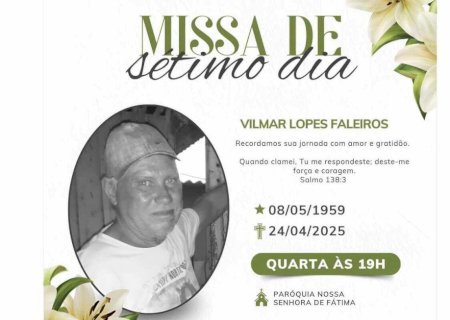 Família do saudoso Vilmar convida para a missa de 7º dia em Fátima do Sul