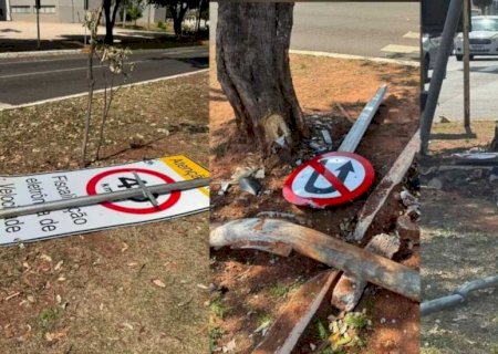 Motorista rampa quebra-molas, derruba placas de sinalização e foge em Nova Andradina